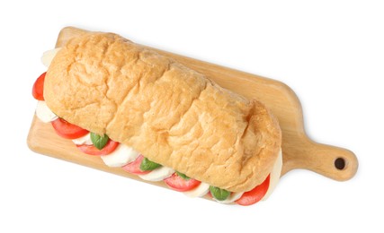 Photo of Tasty sandwich with mozzarella cheese, tomatoes and basil isolated on white, top view