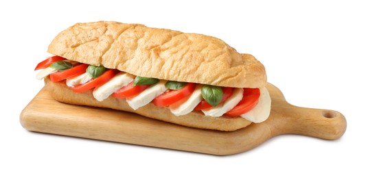 Photo of Tasty sandwich with mozzarella cheese, tomatoes and basil isolated on white