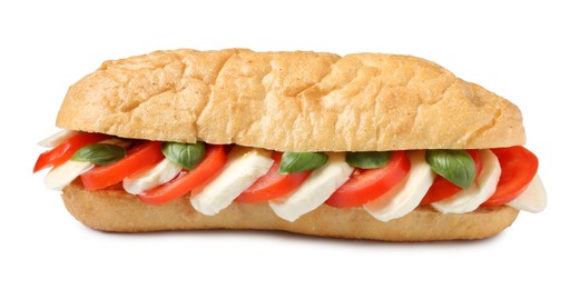 Photo of Tasty sandwich with mozzarella cheese, tomatoes and basil isolated on white