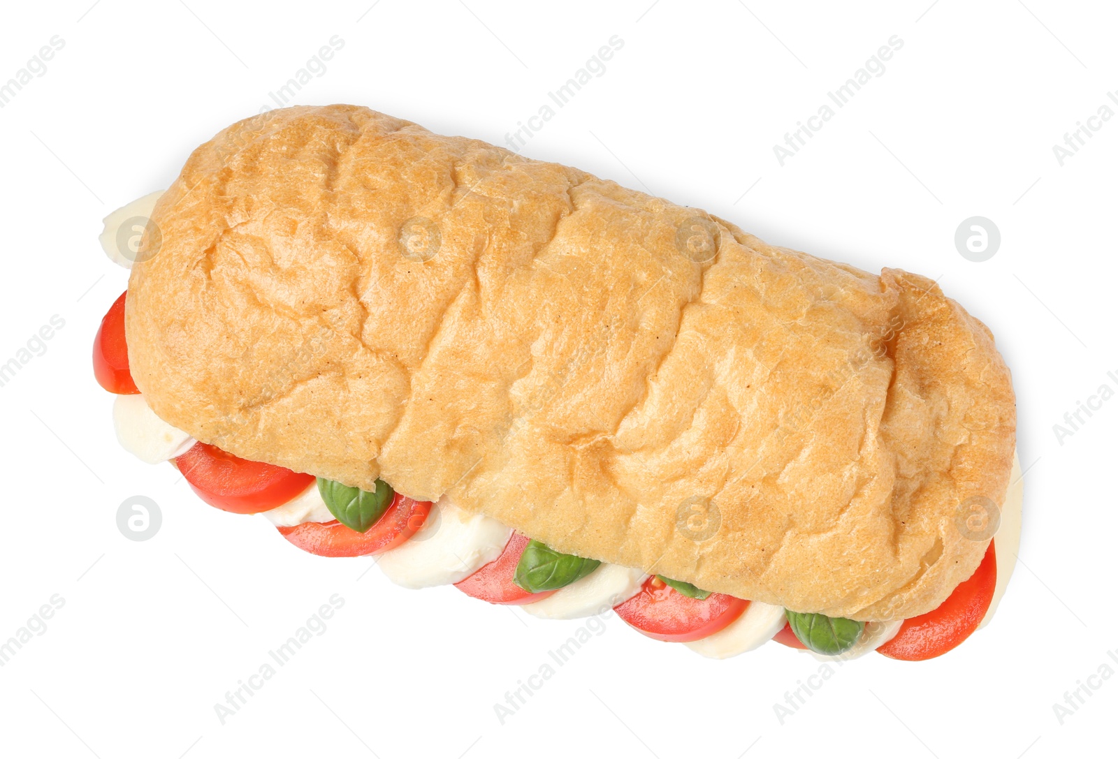 Tasty sandwich with mozzarella cheese, tomatoes and basil isolated on white, top view Photo of Tasty sandwich with mozzarella cheese, tomatoes and basil isolated on white, top view