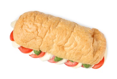 Photo of Tasty sandwich with mozzarella cheese, tomatoes and basil isolated on white, top view