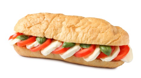 Photo of Tasty sandwich with mozzarella cheese, tomatoes and basil isolated on white