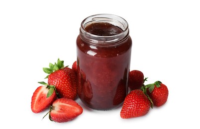 Photo of Sweet jam in jar and strawberries isolated on white