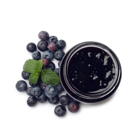 Photo of Sweet jam in jar, blueberries and mint isolated on white, top view