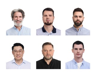 Image of Photos of different men for passport or other identification document on white background, set