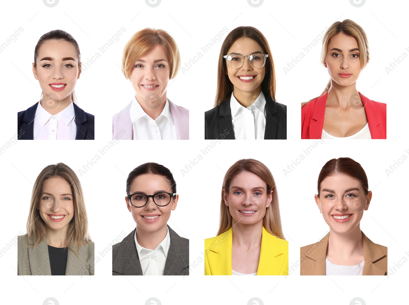 Image of Photos of different women for passport or other identification document on white background, set