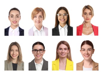 Image of Photos of different women for passport or other identification document on white background, set