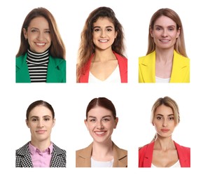 Image of Photos of different women for passport or other identification document on white background, set