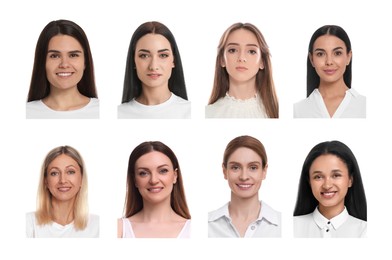 Image of Photos of different women for passport or other identification document on white background, set