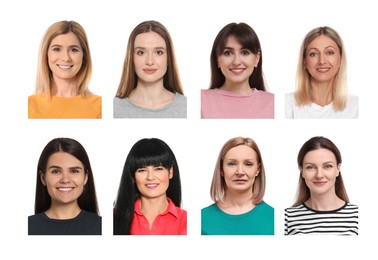Image of Photos of different women for passport or other identification document on white background, set