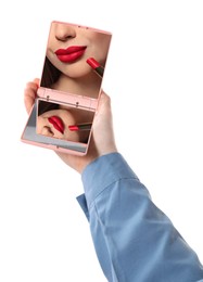 Image of Beautiful woman with red lips looking in compact mirror on white background, closeup