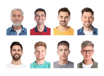 Image of Photos of different men for passport or other identification document on white background, set