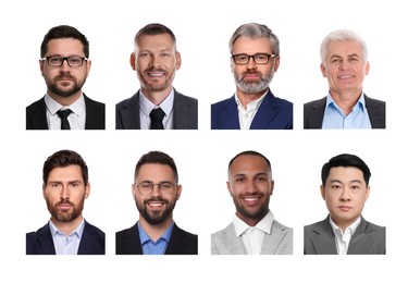 Image of Photos of different men for passport or other identification document on white background, set