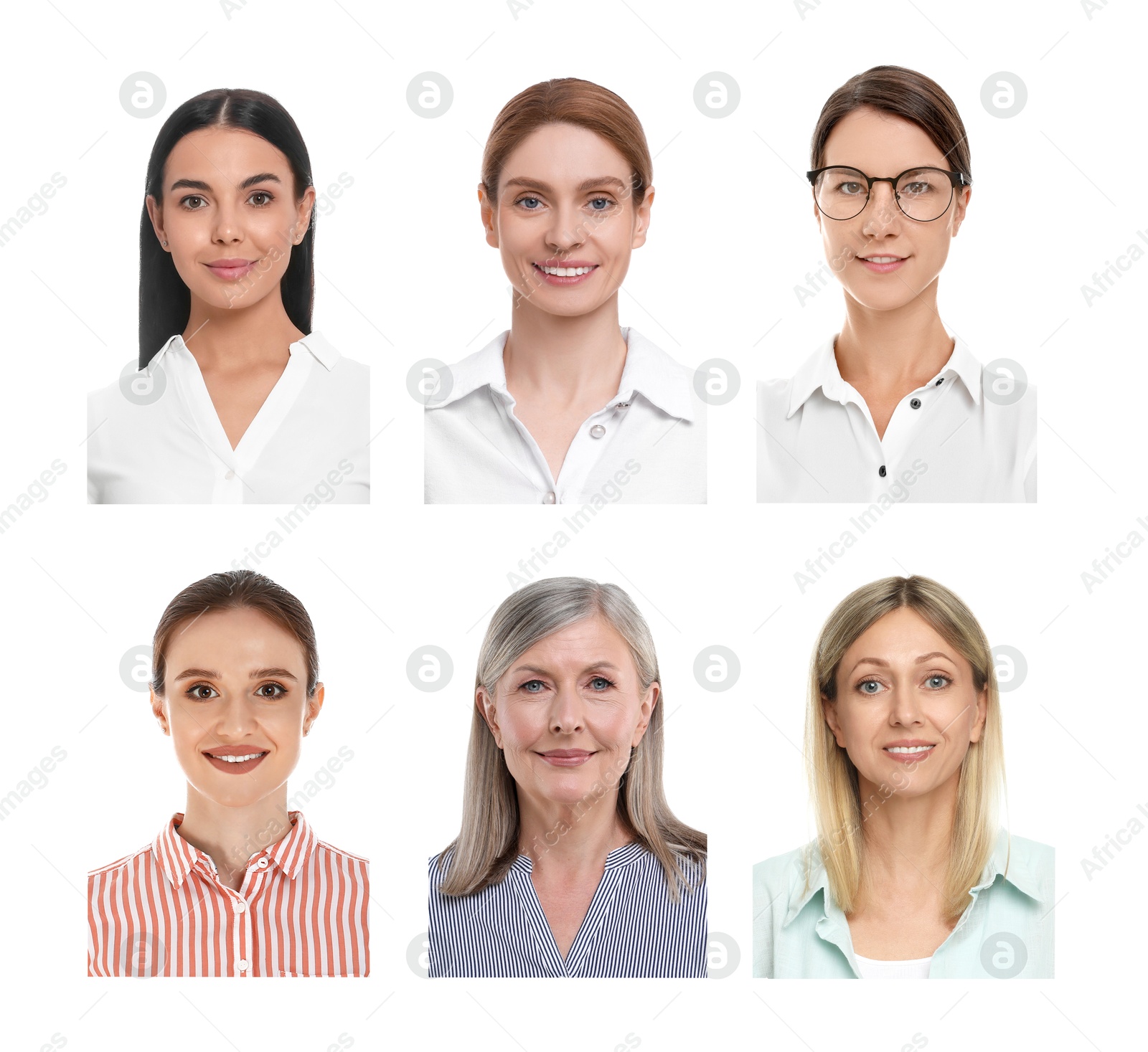 Photos of different women for passport or other identification document on white background, set Image of Photos of different women for passport or other identification document on white background, set