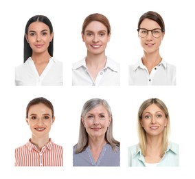 Image of Photos of different women for passport or other identification document on white background, set