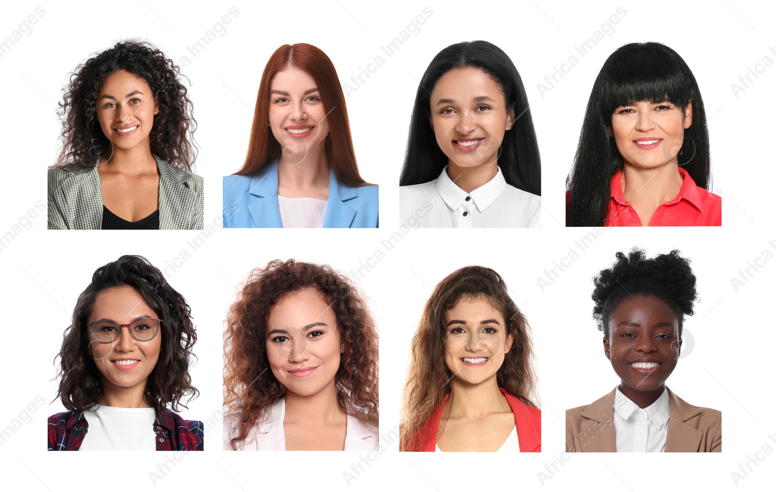 Photos of different women for passport or other identification document on white background, set Image of Photos of different women for passport or other identification document on white background, set