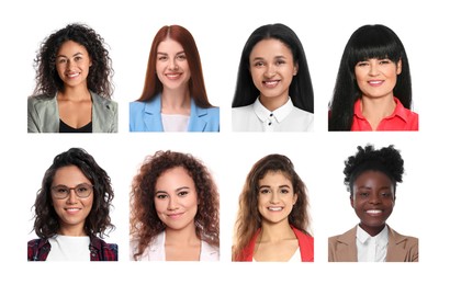 Image of Photos of different women for passport or other identification document on white background, set
