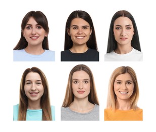Image of Photos of different women for passport or other identification document on white background, set
