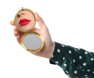 Image of Beautiful woman with red lips looking in compact mirror on white background, closeup