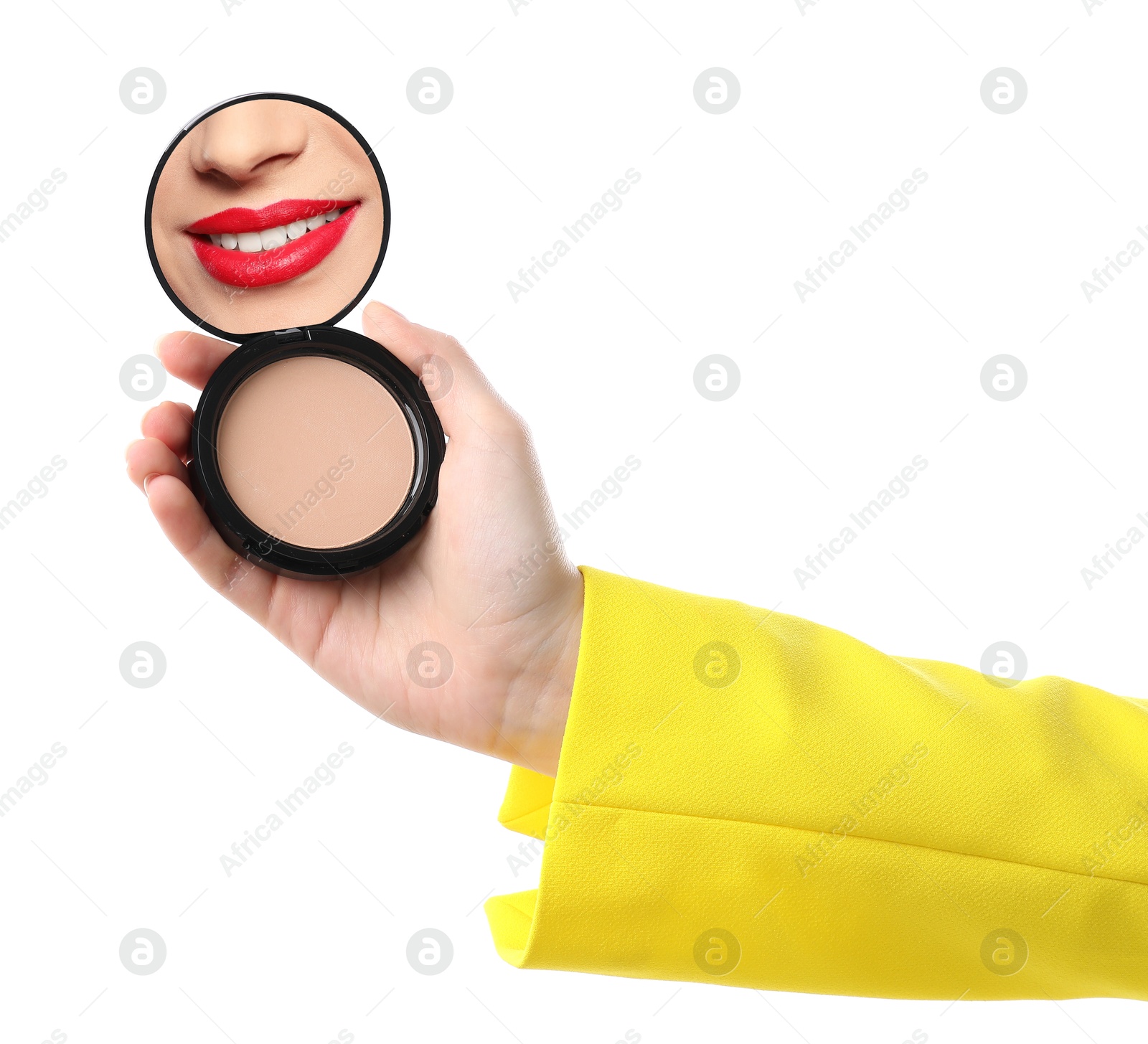 Beautiful woman with red lips looking in compact powder mirror on white background, closeup Image of Beautiful woman with red lips looking in compact powder mirror on white background, closeup
