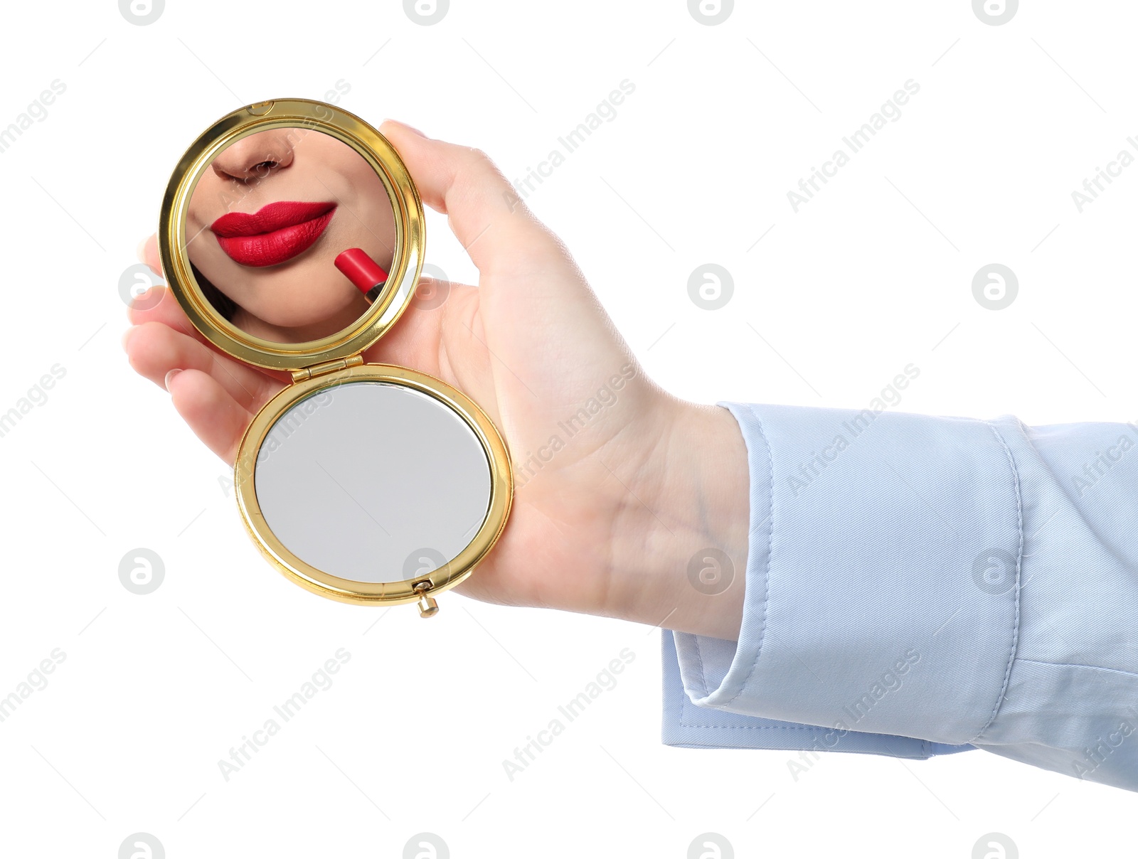 Beautiful woman with red lips looking in compact mirror on white background, closeup Image of Beautiful woman with red lips looking in compact mirror on white background, closeup
