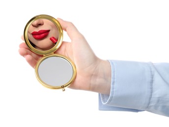 Image of Beautiful woman with red lips looking in compact mirror on white background, closeup