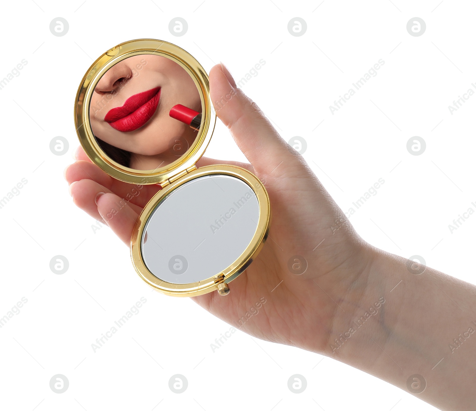Beautiful woman with red lips looking in compact mirror on white background, closeup Image of Beautiful woman with red lips looking in compact mirror on white background, closeup