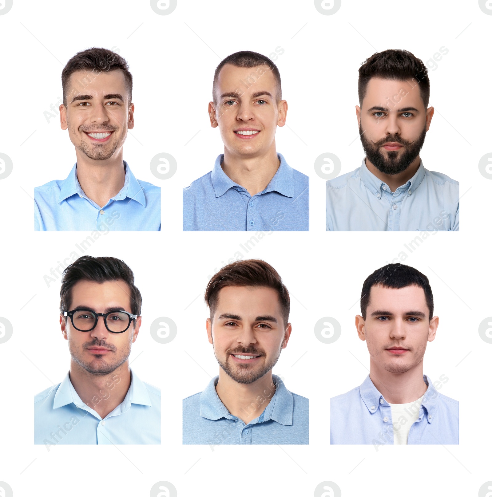 Photos of different men for passport or other identification document on white background, set Image of Photos of different men for passport or other identification document on white background, set