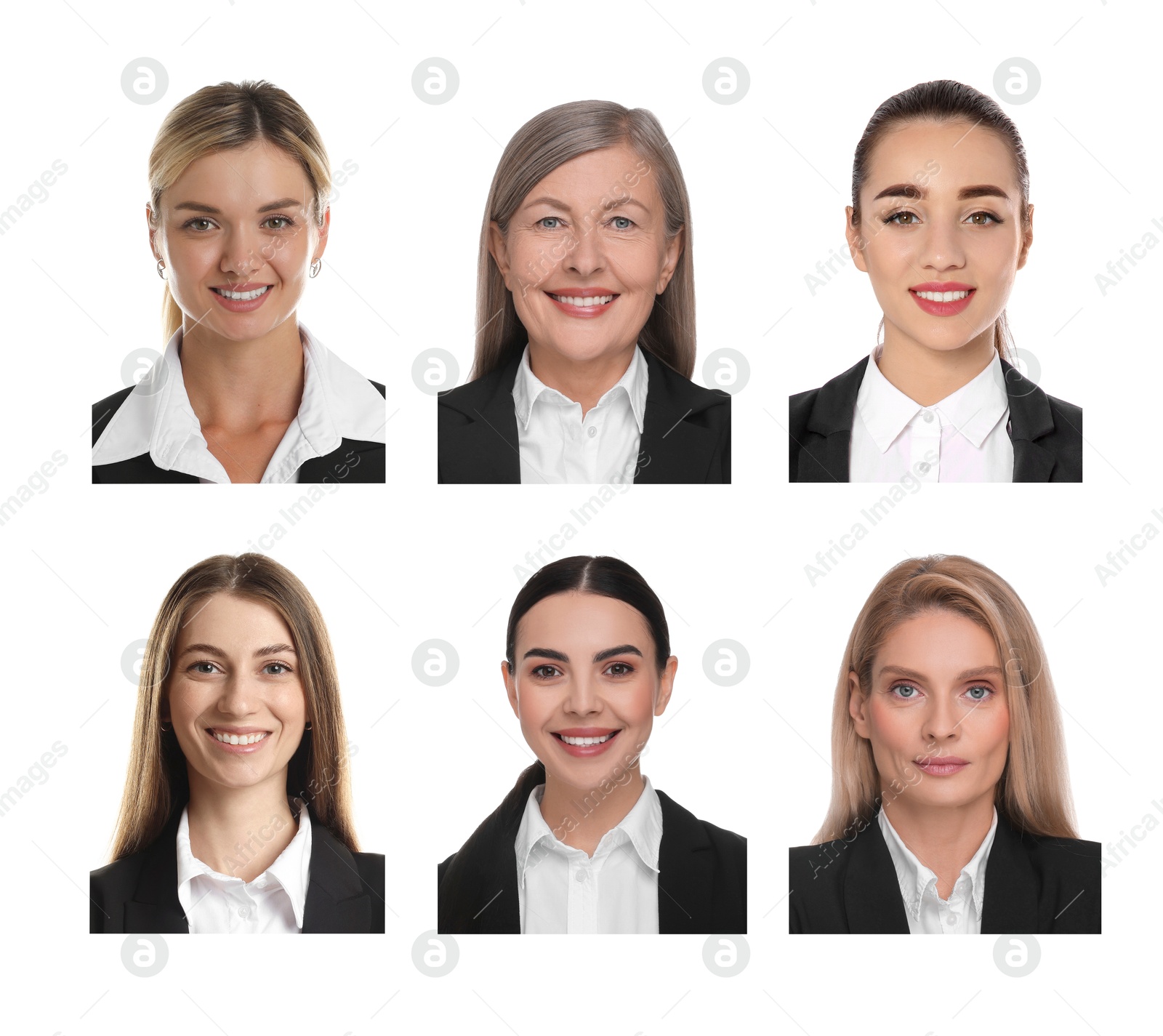 Photos of different women for passport or other identification document on white background, set Image of Photos of different women for passport or other identification document on white background, set