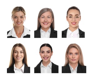 Image of Photos of different women for passport or other identification document on white background, set