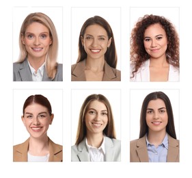 Image of Photos of different women for passport or other identification document on white background, set