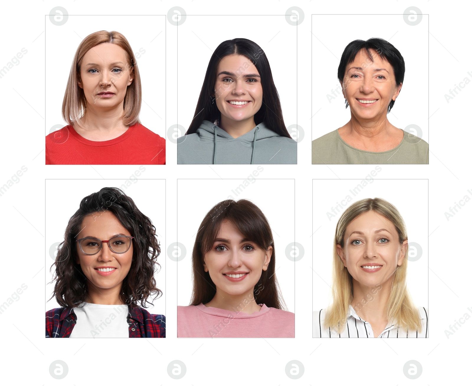 Image of Photos of different women for passport or other identification document on white background, set