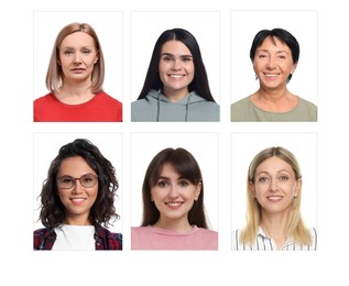 Image of Photos of different women for passport or other identification document on white background, set