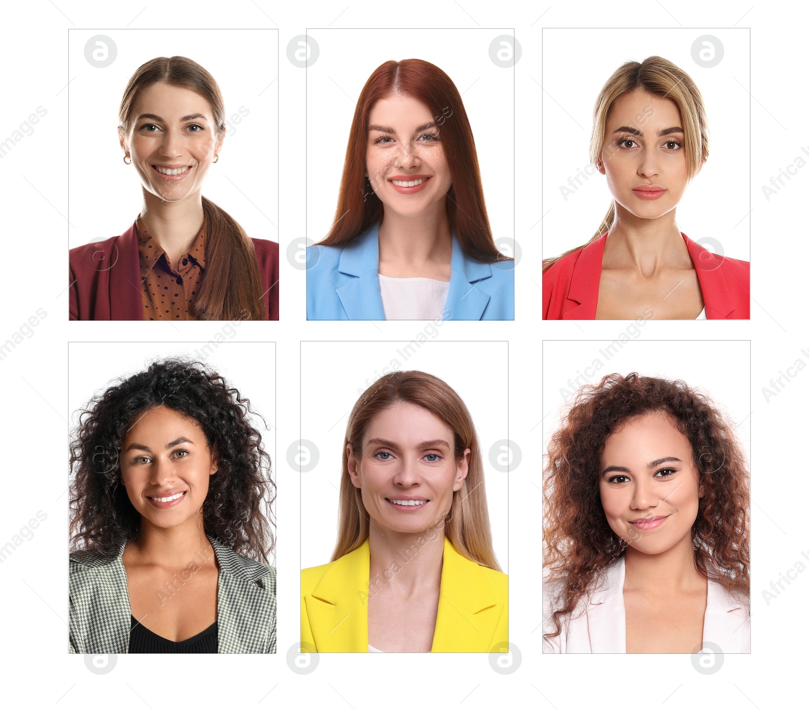 Photos of different women for passport or other identification document on white background, set Image of Photos of different women for passport or other identification document on white background, set