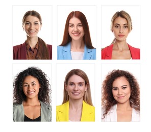 Image of Photos of different women for passport or other identification document on white background, set