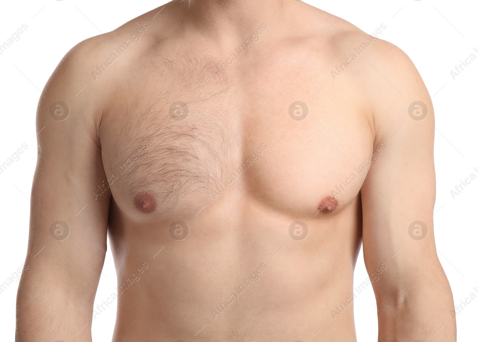 Before and after epilation procedure. Man showing chest with left side unshaven and right smooth on white background, closeup Image of Before and after epilation procedure. Man showing chest with left side unshaven and right smooth on white background, closeup
