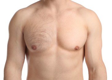 Image of Before and after epilation procedure. Man showing chest with left side unshaven and right smooth on white background, closeup