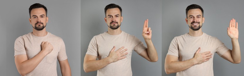 Image of Man showing different oath gestures on grey background, collection of photos