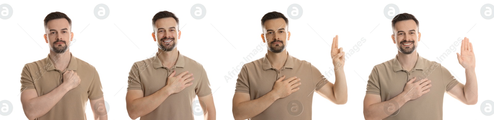 Image of Man showing different oath gestures on white background, collection of photos