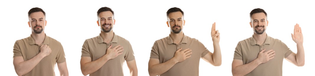 Image of Man showing different oath gestures on white background, collection of photos