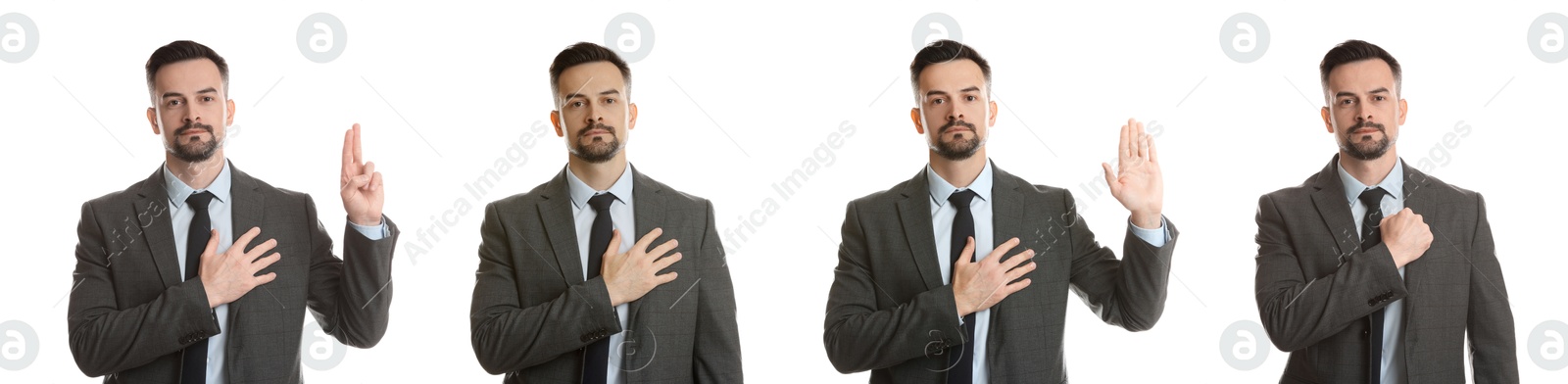 Image of Man showing different oath gestures on white background, collection of photos