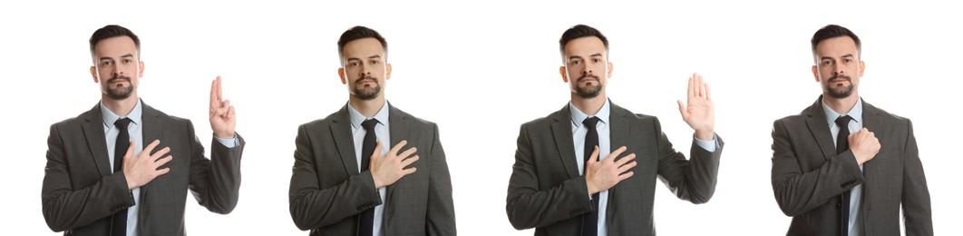 Image of Man showing different oath gestures on white background, collection of photos