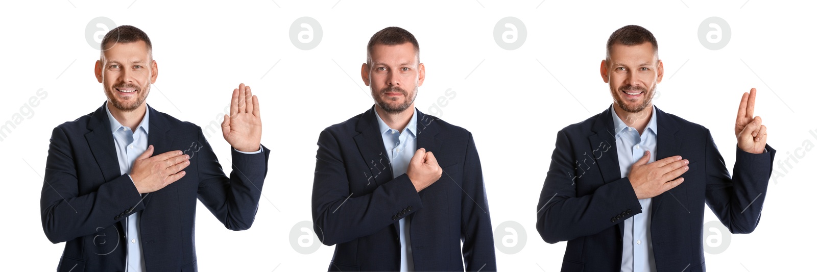 Man showing different oath gestures on white background, collection of photos Image of Man showing different oath gestures on white background, collection of photos