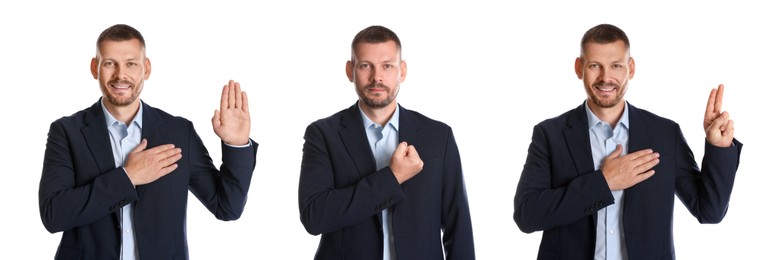 Image of Man showing different oath gestures on white background, collection of photos