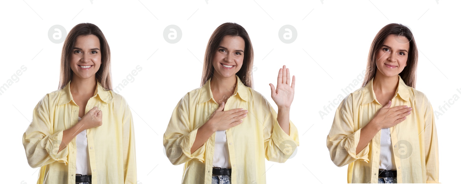 Woman showing different oath gestures on white background, collection of photos Image of Woman showing different oath gestures on white background, collection of photos