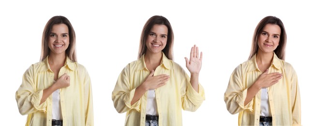 Image of Woman showing different oath gestures on white background, collection of photos