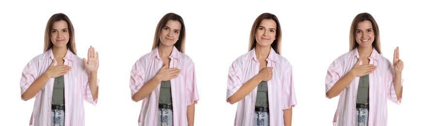 Image of Woman showing different oath gestures on white background, collection of photos