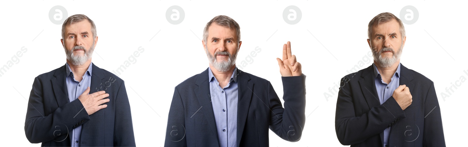 Man showing different oath gestures on white background, collection of photos Image of Man showing different oath gestures on white background, collection of photos