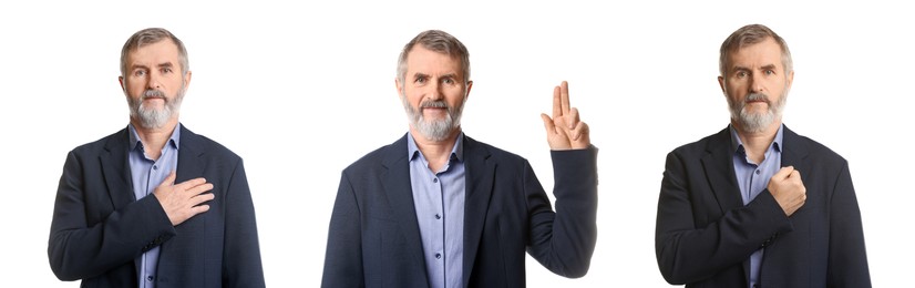 Image of Man showing different oath gestures on white background, collection of photos