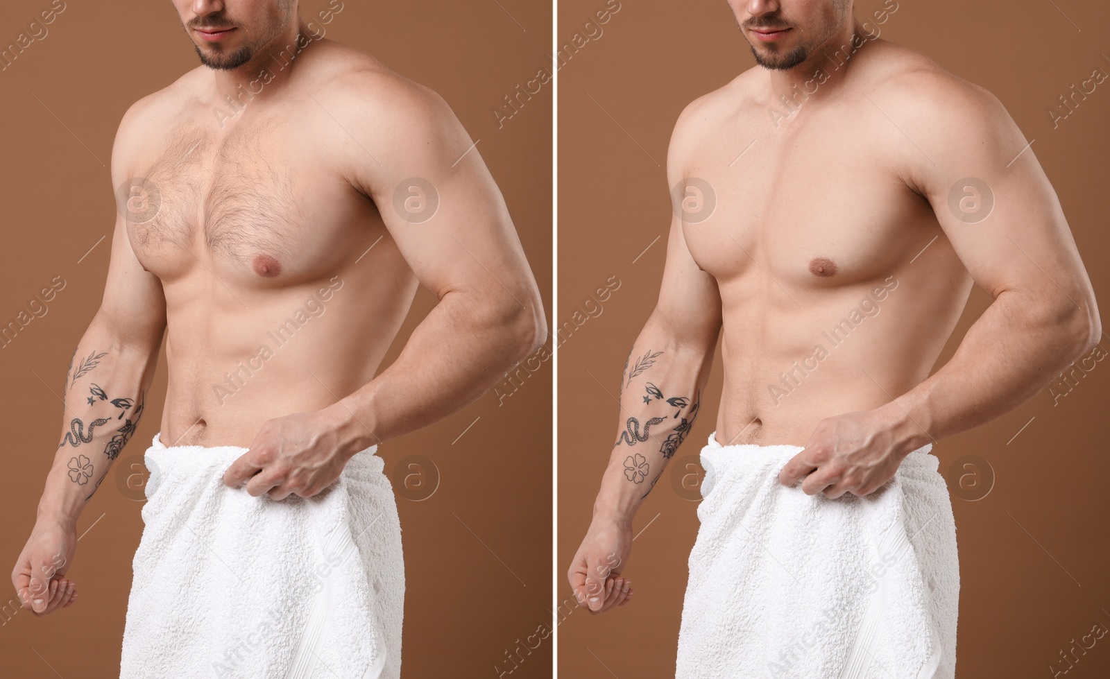 Image of Man showing chest before and after epilation procedure on brown background, closeup. Collage of photos